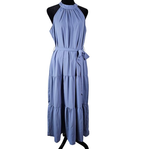 Pretty Garden Womens Halter Neck Tiered Maxi Dress Size S Waist Tie Light Blue - Picture 5 of 13